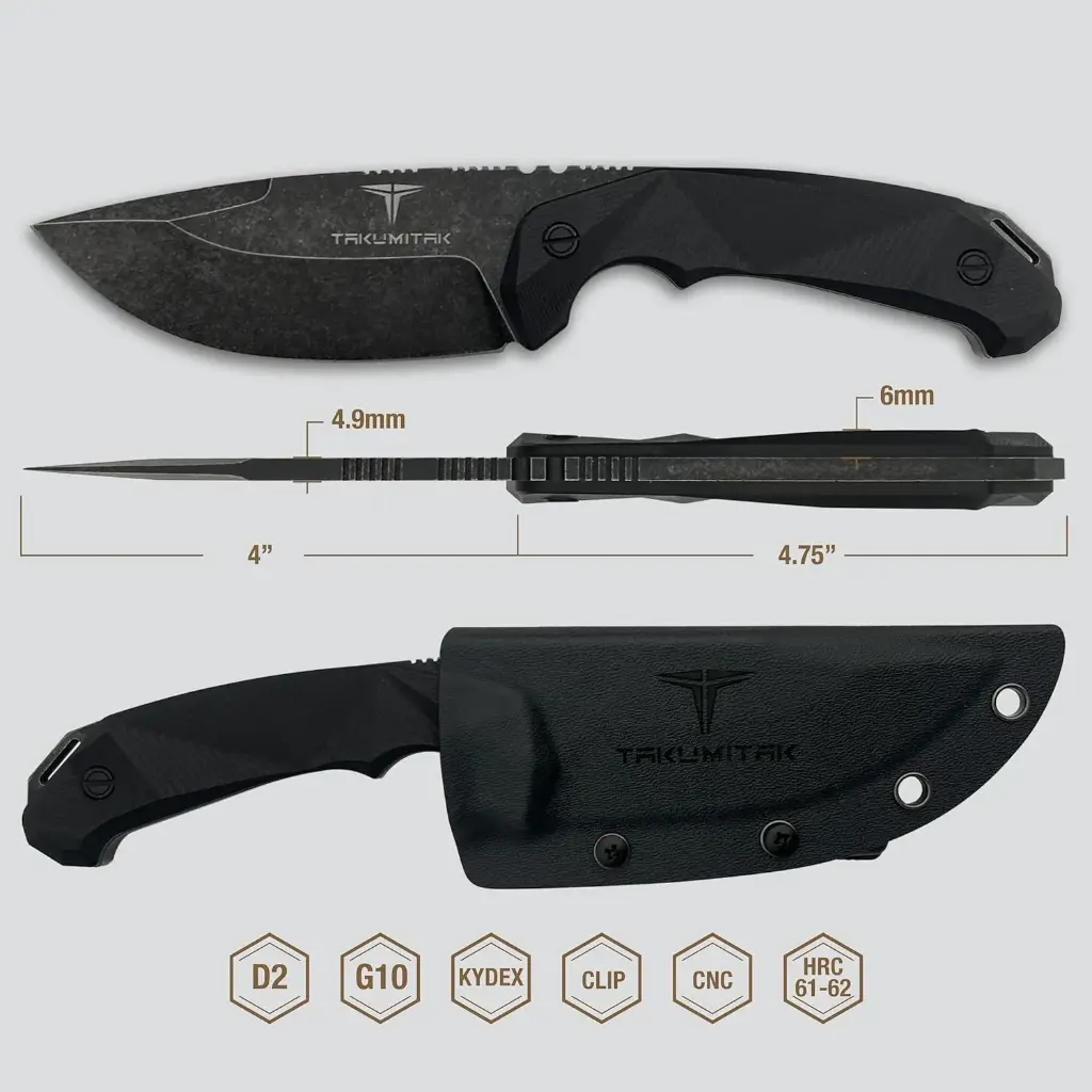 D2 FIXED BLADE, G10 HANDLE, KYDEX SHEALTH W/ MOLLE CLIP 8.75"