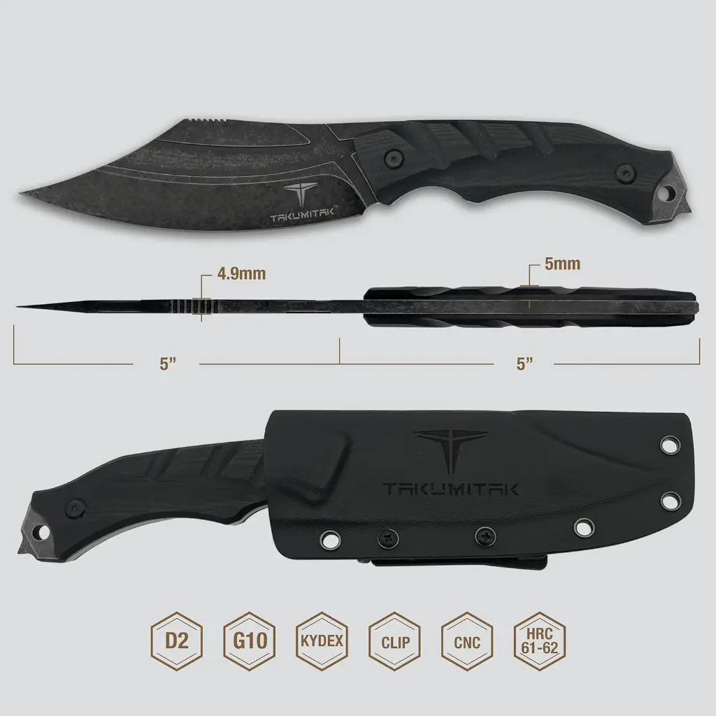 D2 FIXED BLADE, G10 HANDLE, KYDEX SHEATH W/MOLLE CLIP 10"